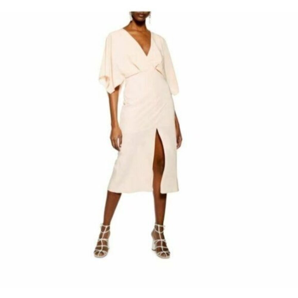 TOPSHOP Dress Nude Beige Chiffon Dress Batwing High Slit Midi Tea Dress SZ 8 NEW